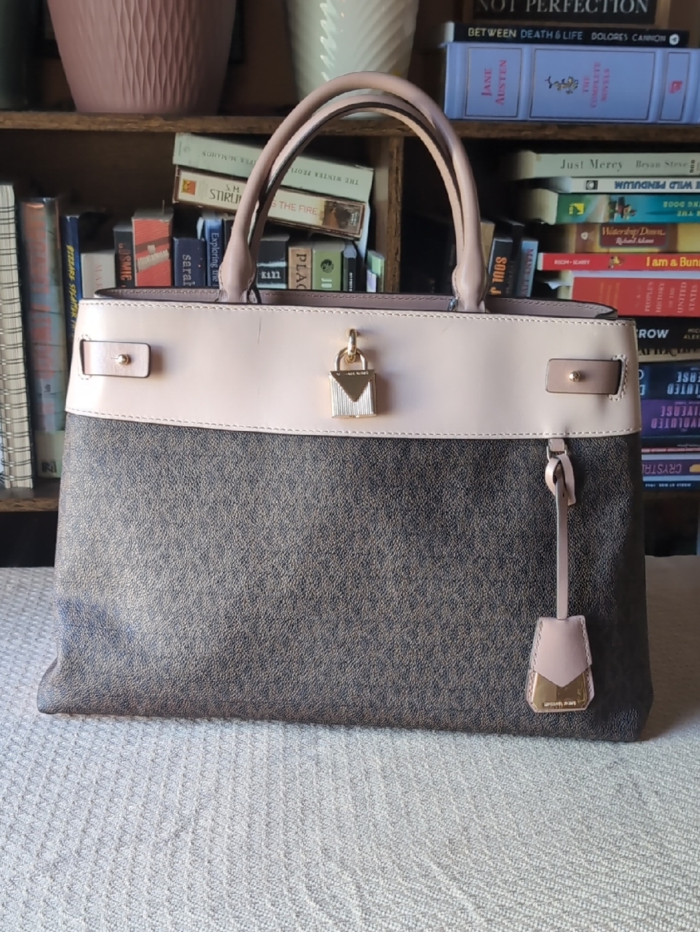 Micheal Kors Structured Tote Bag Purse Large Blush Pink Brown Monogram Leather